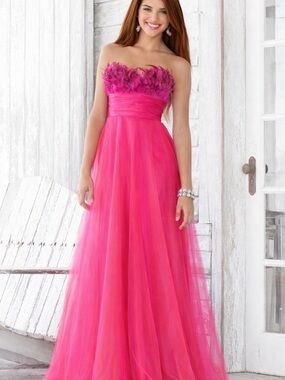 Strapless Hot Pink Feather-Trim Tulle Evening Dress